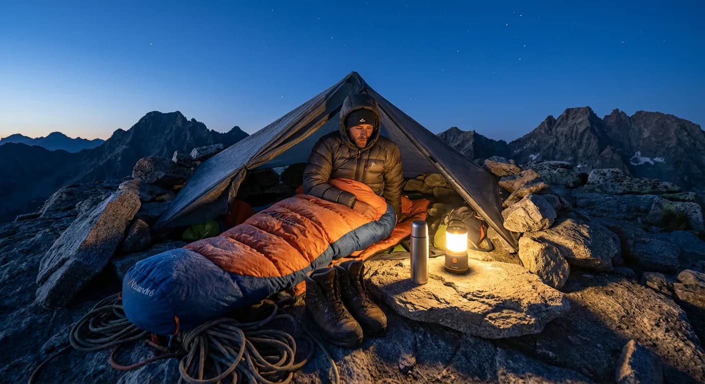 Randonneur utilisant le sac de couchage Valandré Mirage 3/4 lors d'un bivouac nocturne