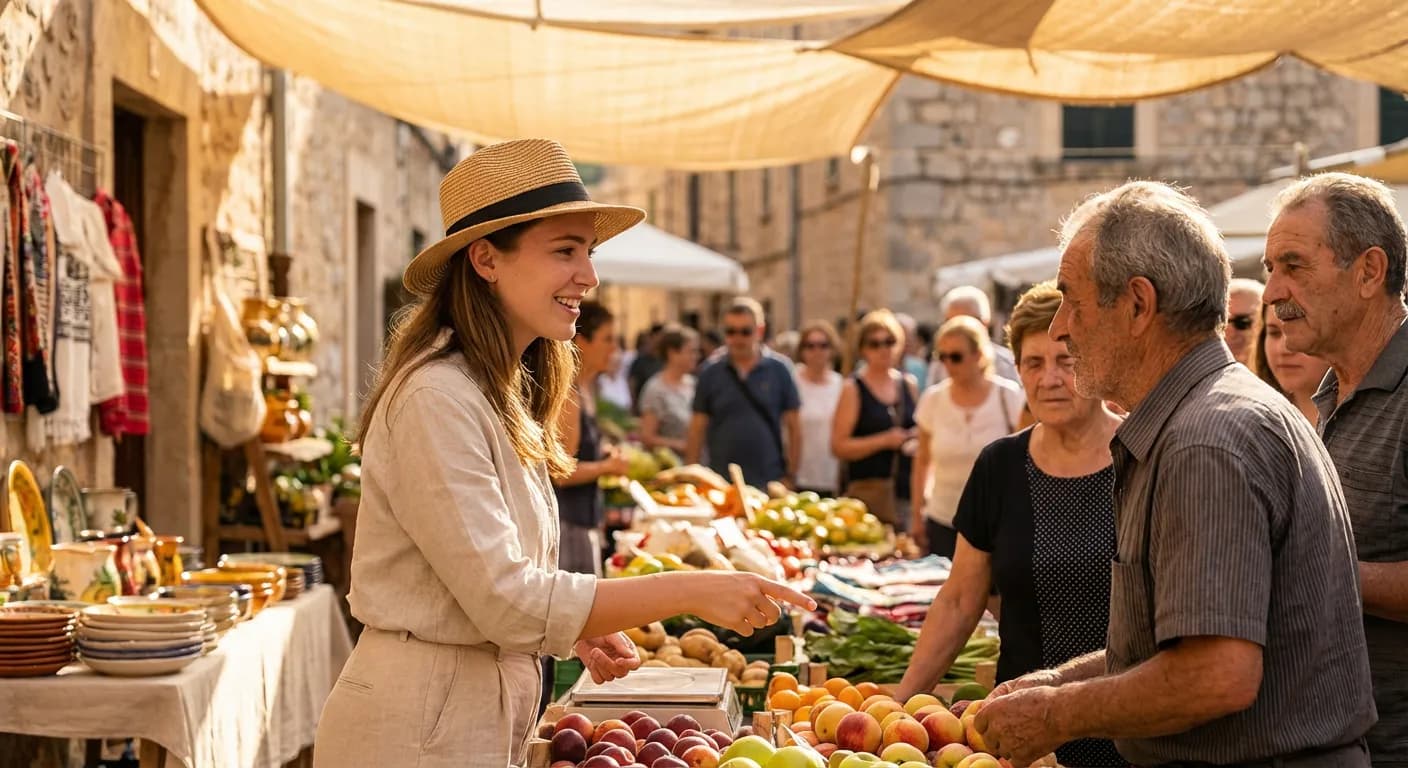 Une voyageuse échangeant avec des locaux dans un marché méditerranéen ensoleillé.