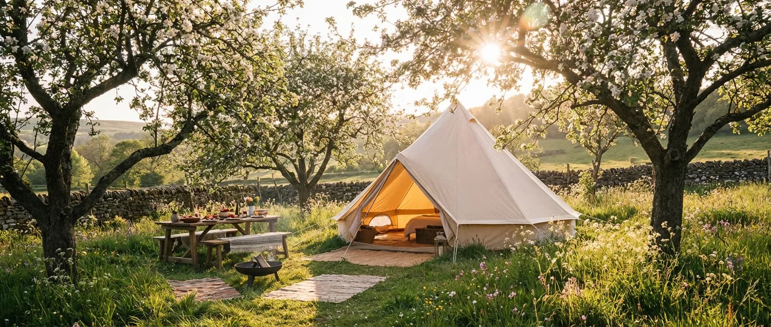 Tente de luxe installée dans un verger privé au coucher du soleil pour un camping chez l'habitant