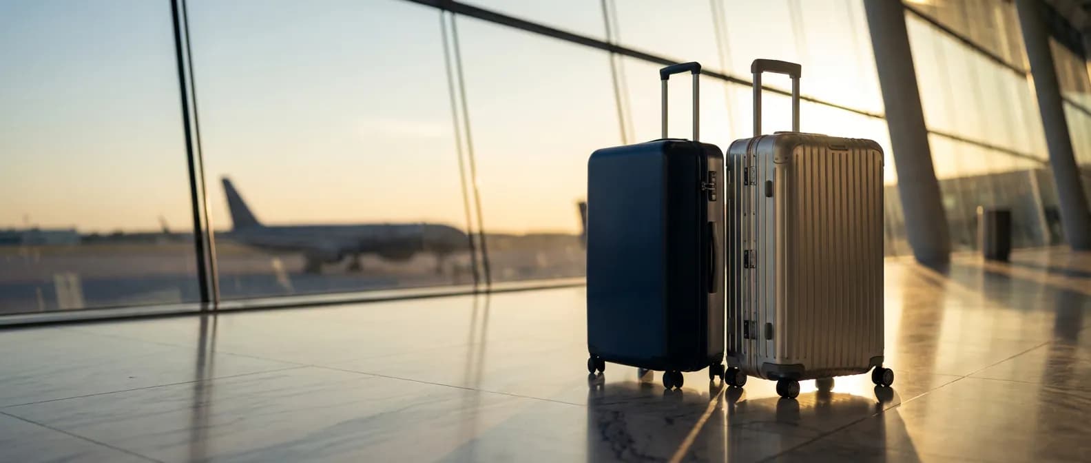 Comparatif visuel entre deux valises de luxe Delsey et Samsonite dans un terminal d'aéroport moderne au coucher du soleil.