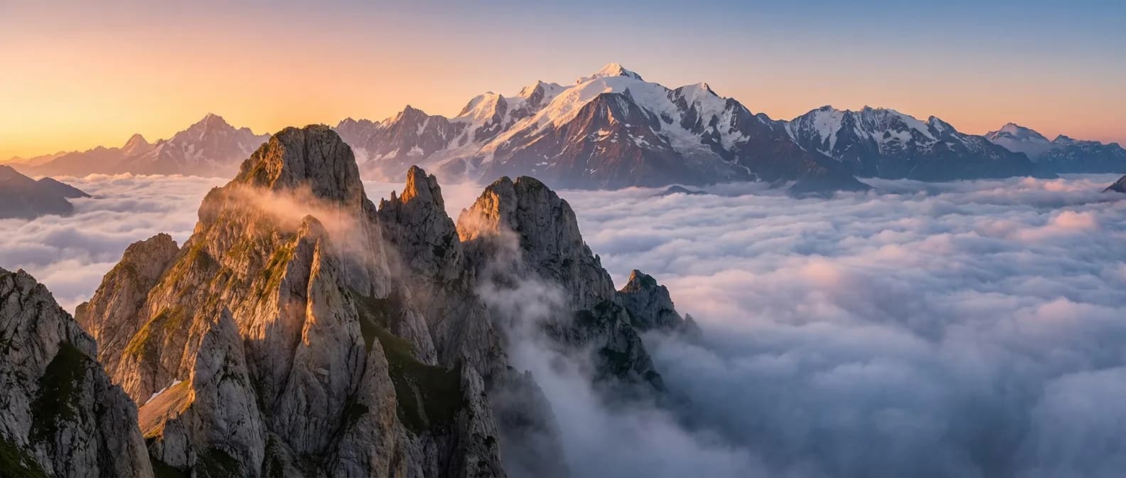 Vue panoramique épique des Aiguilles de Varan face au Mont-Blanc au lever du soleil