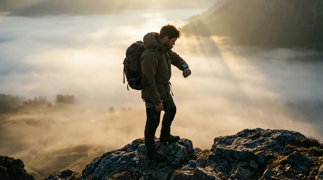 Un aventurier moderne au sommet d'une montagne regardant sa boussole numérique au lever du soleil, une scène épique pour l'aventure moderne.