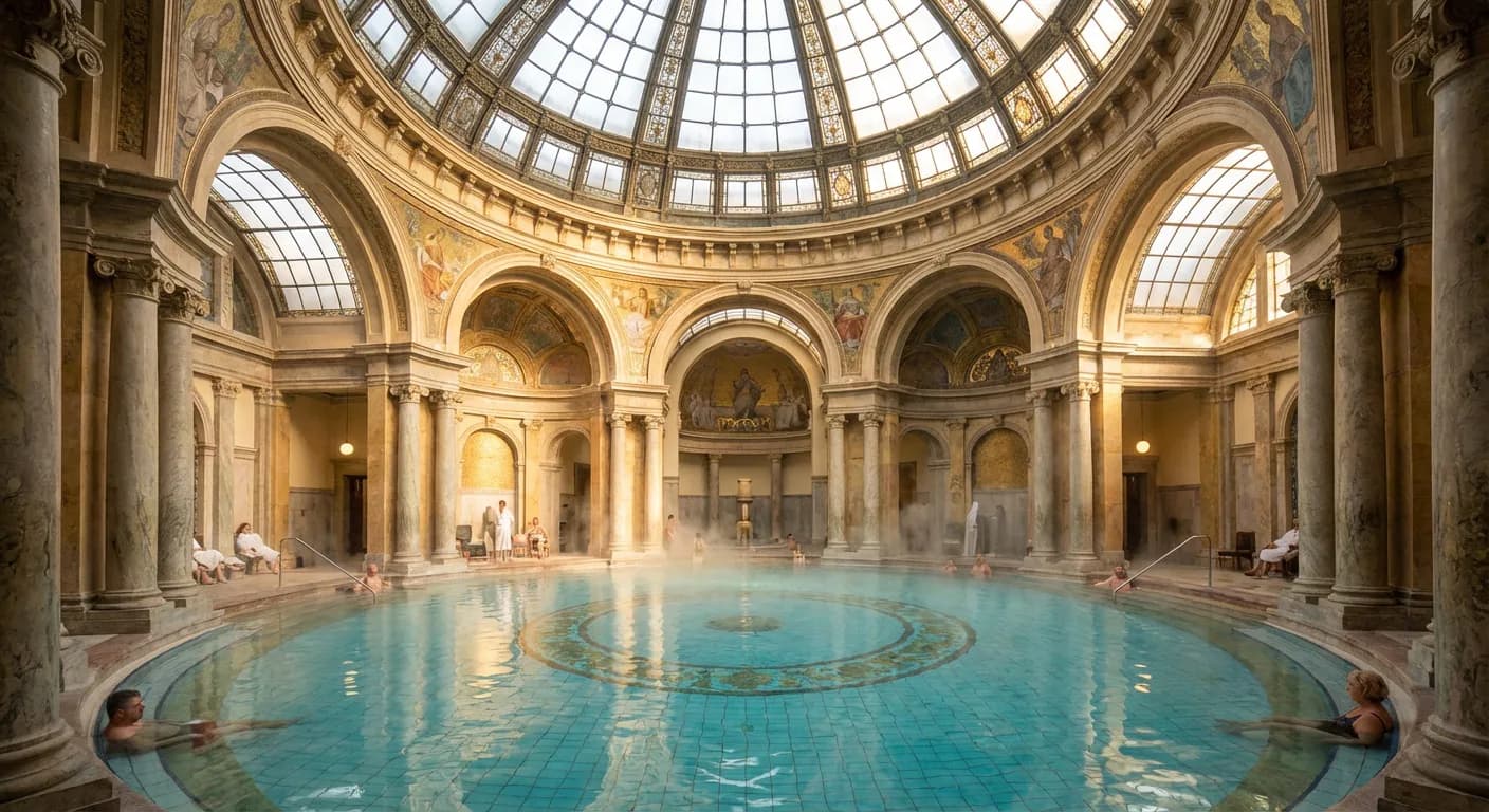 Intérieur luxueux des thermes de Budapest mettant en avant le patrimoine architectural