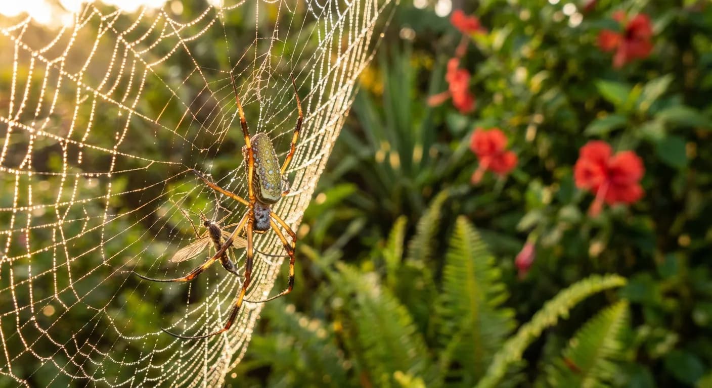 Une araignée capturant un moustique dans sa toile, illustrant son rôle écologique à La Réunion.