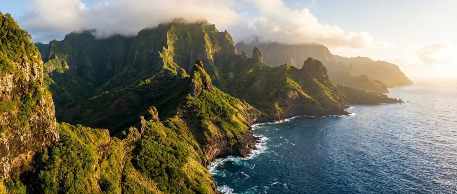 Paysage épique des falaises volcaniques des îles Marquises au coucher du soleil