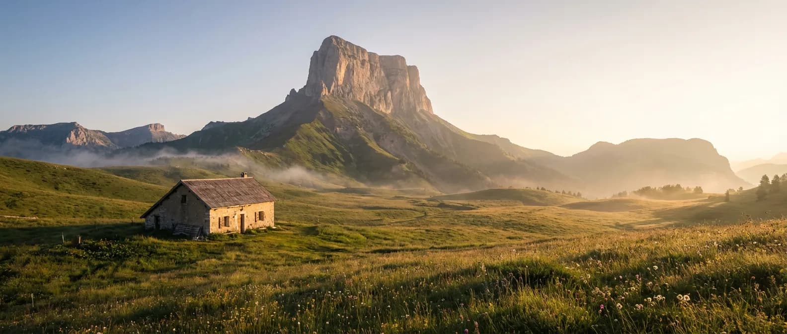 Vue panoramique de la cabane des Chaumailloux avec le Mont Aiguille au lever du soleil dans le Vercors