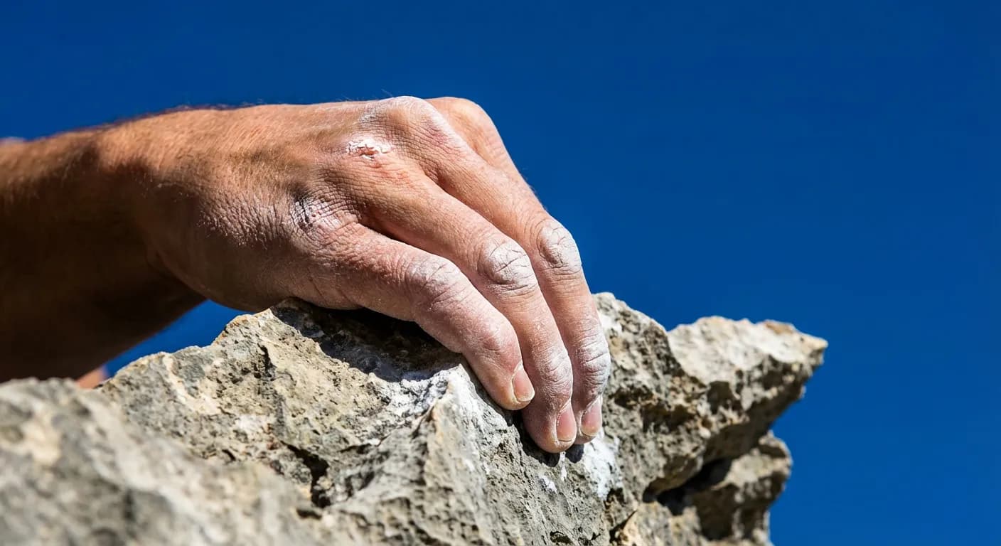 Gros plan iconique d'une main de grimpeur sur le calcaire blanc de Tautavel.