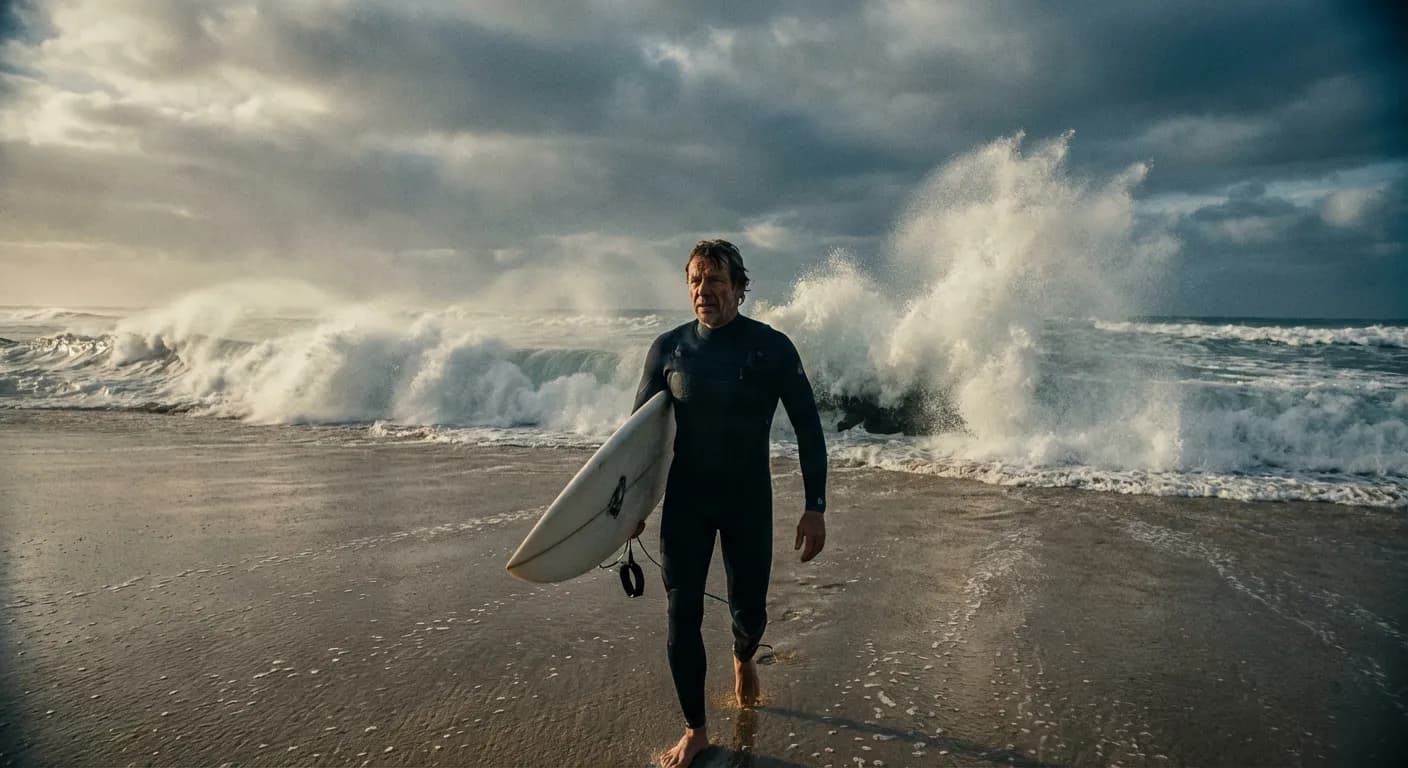 Un surfeur marchant le long de l'océan Atlantique à la plage de la Torchère.