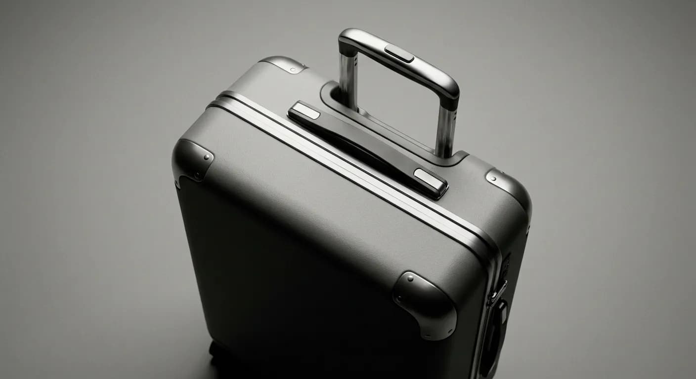 Détail élégant d'une poignée de valise haut de gamme sur fond sobre.