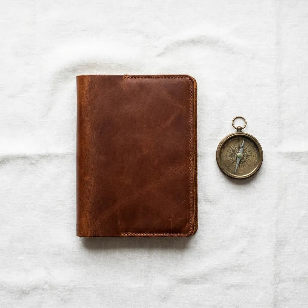 Carnet de voyage et boussole vintage sur fond blanc minimaliste.