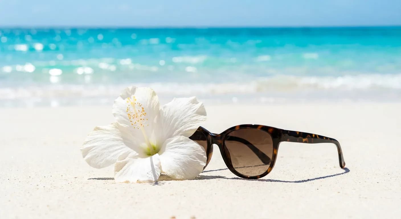 Symbole de la vie paisible à Tahiti : fleur d'hibiscus et lagon cristallin.