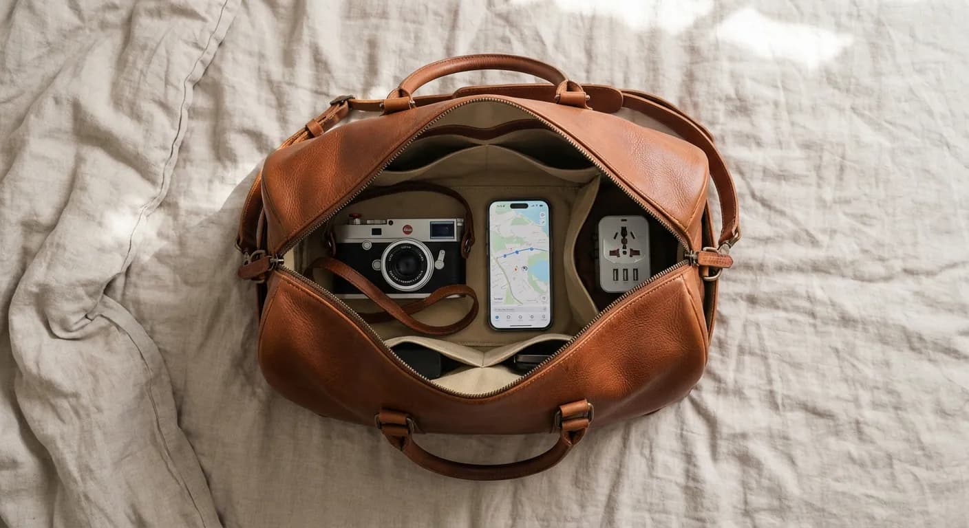 Adaptateur universel et accessoires de voyage haut de gamme dans un sac en cuir
