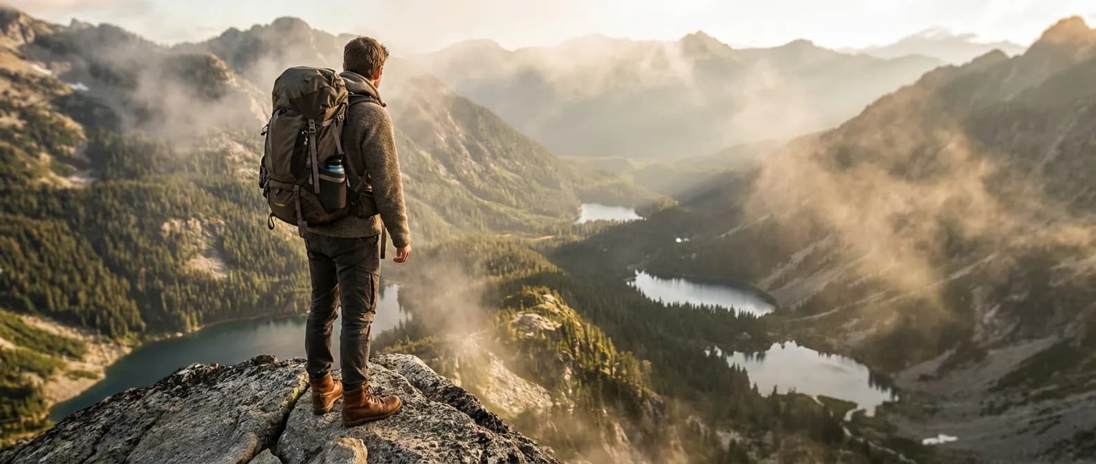 Randonneur en montagne portant des chaussures Merrell au lever du soleil, vue panoramique épique