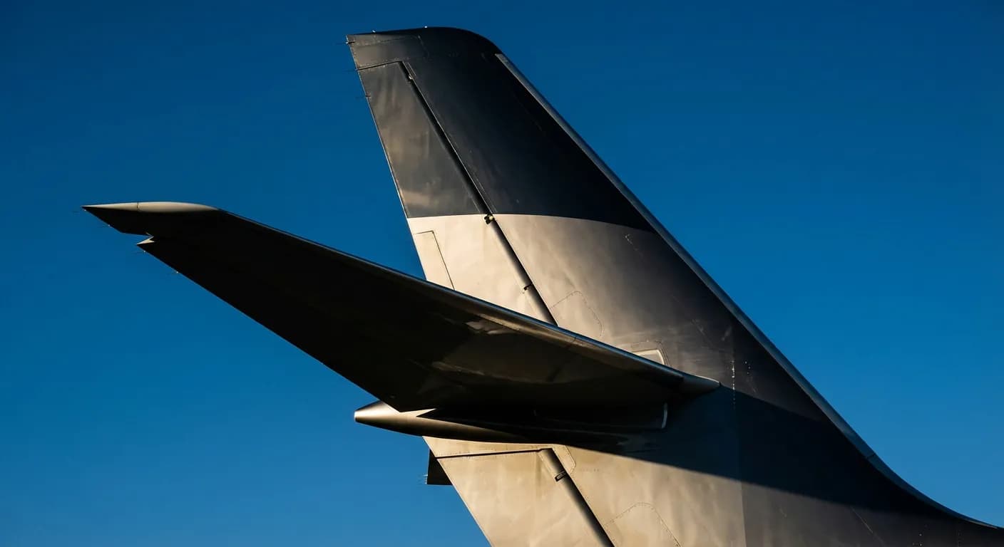 Gros plan minimaliste sur l'empennage d'un avion moderne sous un ciel bleu.