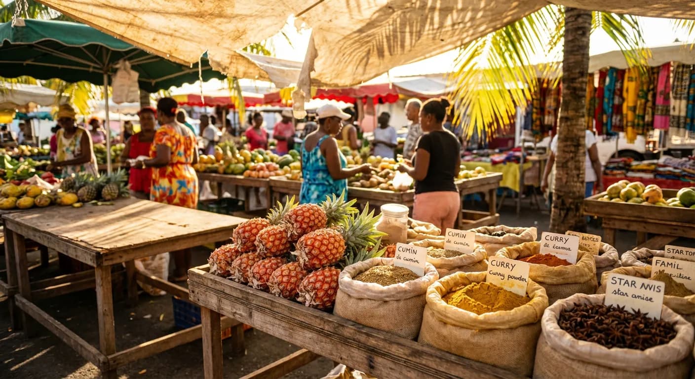 Marché traditionnel créole avec fruits tropicaux et épices locales