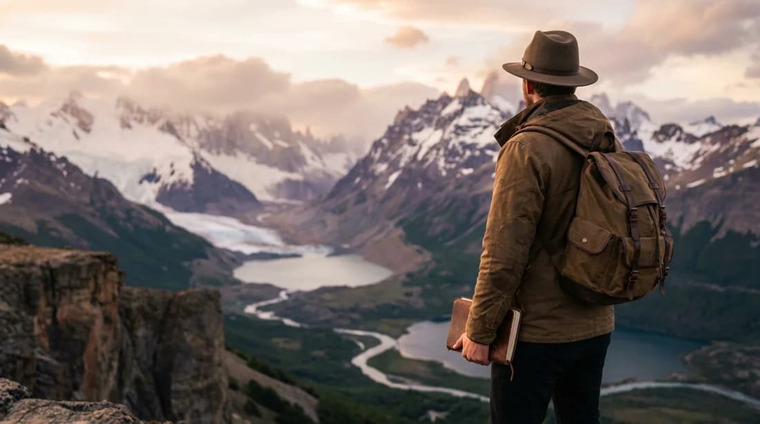 Un voyageur solitaire contemple un paysage montagneux grandiose au coucher du soleil, carnet de voyage en main, incarnant l'art de voyager.