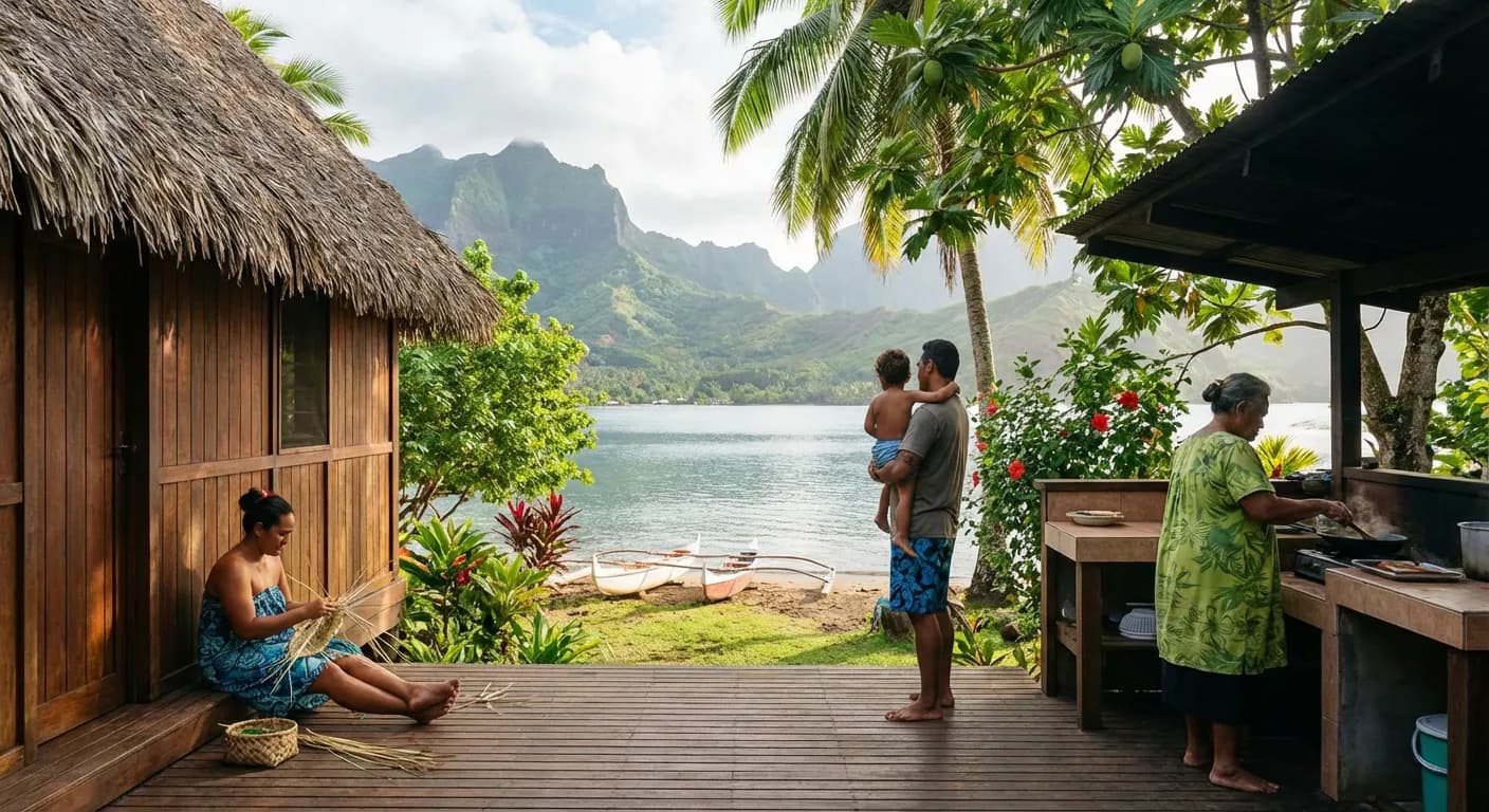 Maison typique avec vue sur mer dans une vallée luxuriante aux Marquises