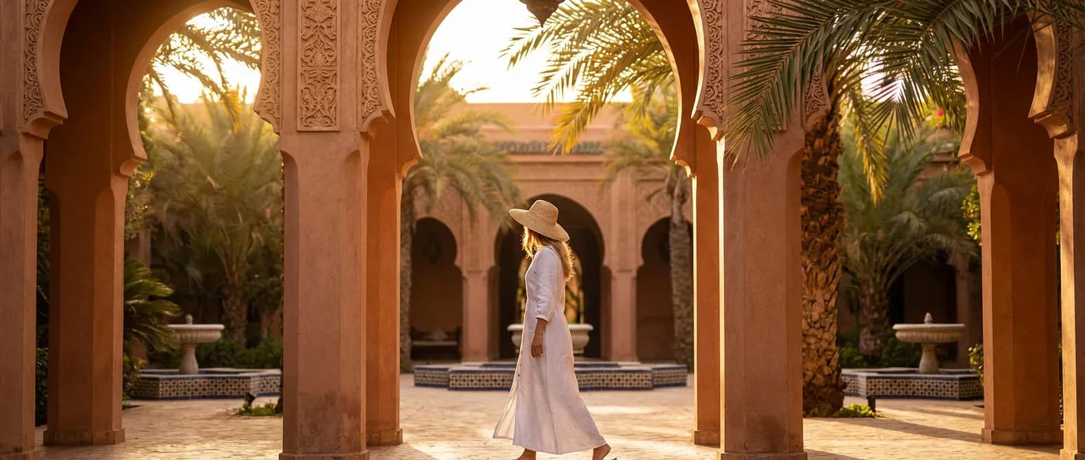 Femme élégante en robe de lin blanc marchant dans un riad à Marrakech au coucher du soleil