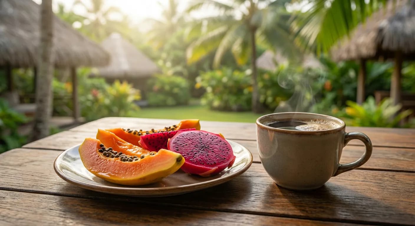 Petit-déjeuner tropical typique de la vie quotidienne d'un retraité en Polynésie Française.