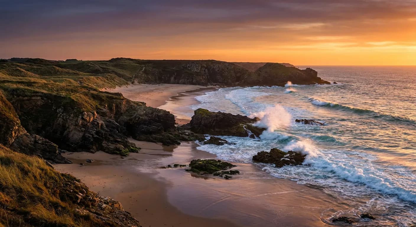 Vue panoramique épique et sauvage de la plage de la Torchère en Vendée au coucher du soleil.