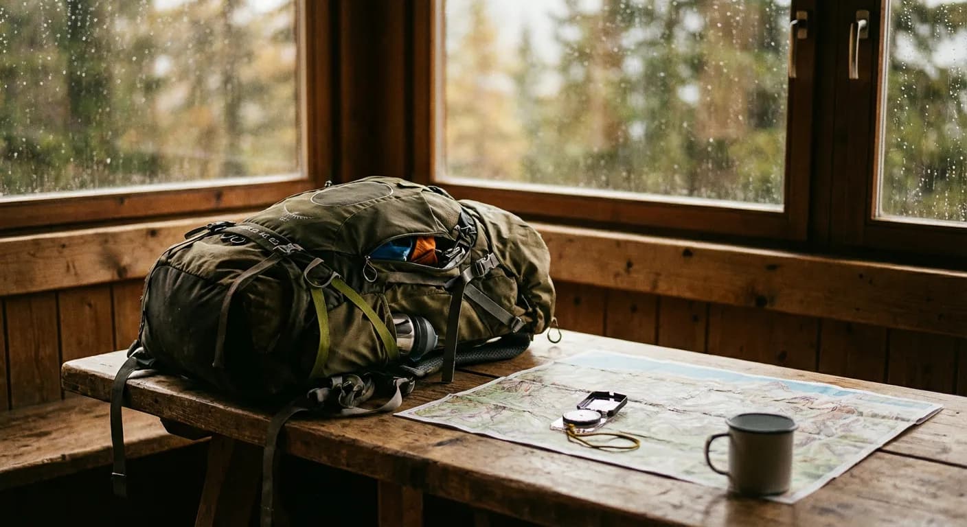 Équipement de randonnée et carte IGN à l'intérieur de la cabane des Chaumailloux