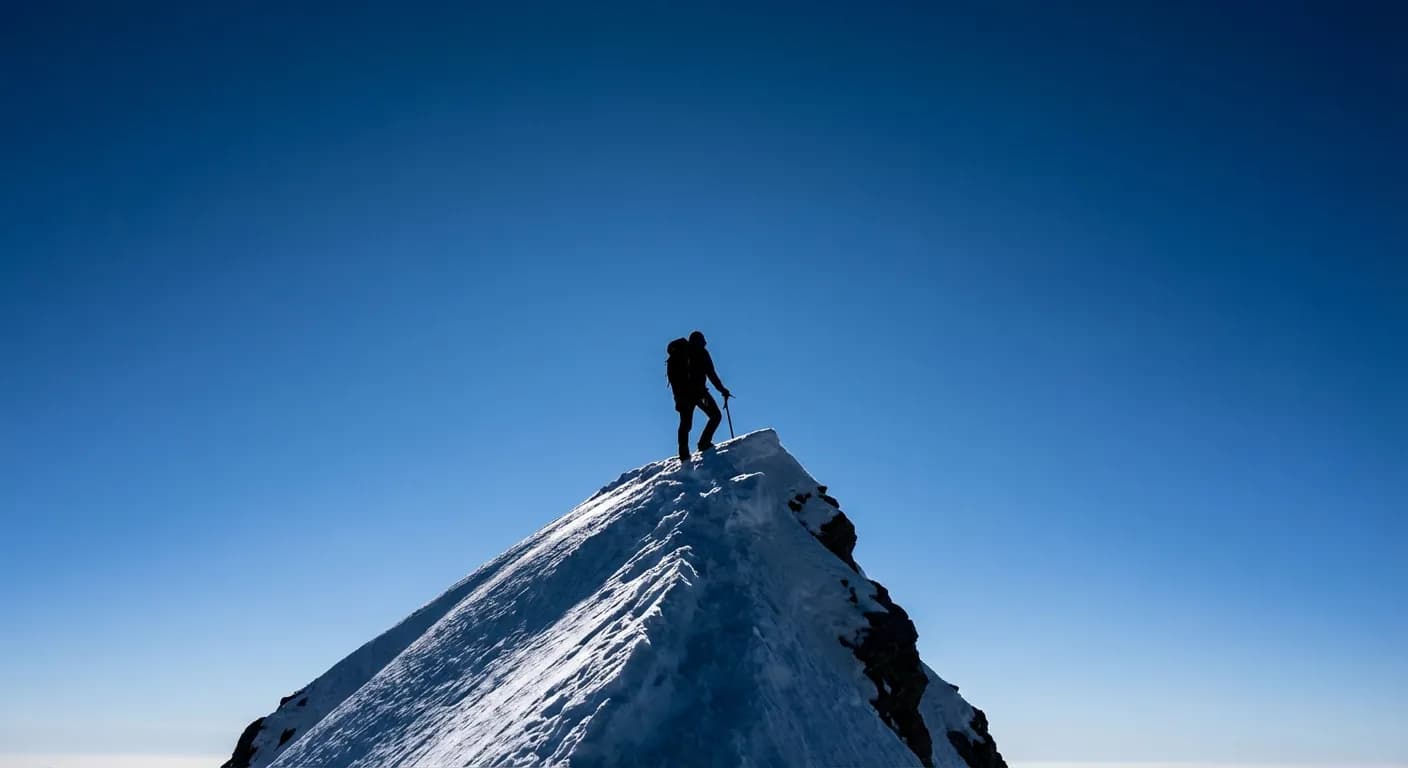 Silhouette d'un alpiniste sur une crête enneigée de l'Elbrouz
