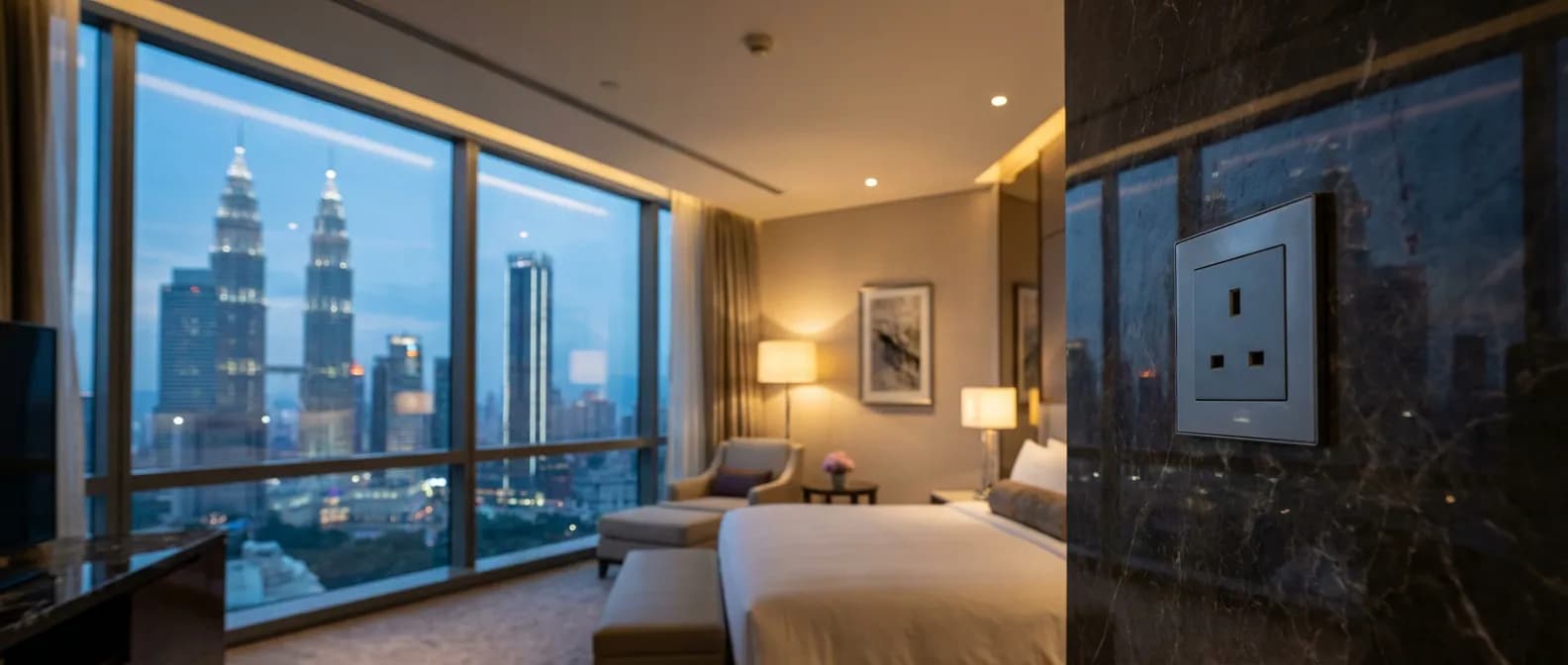 Adaptateur électrique type G dans une chambre d'hôtel de luxe à Kuala Lumpur avec vue sur les tours Petronas