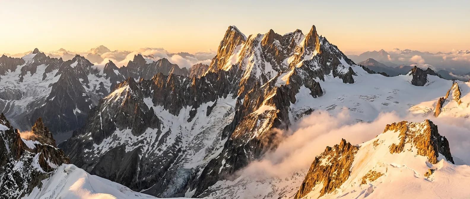 Sommet enneigé de l'Aiguille du Chardonnet dans le massif du Mont-Blanc au lever du soleil