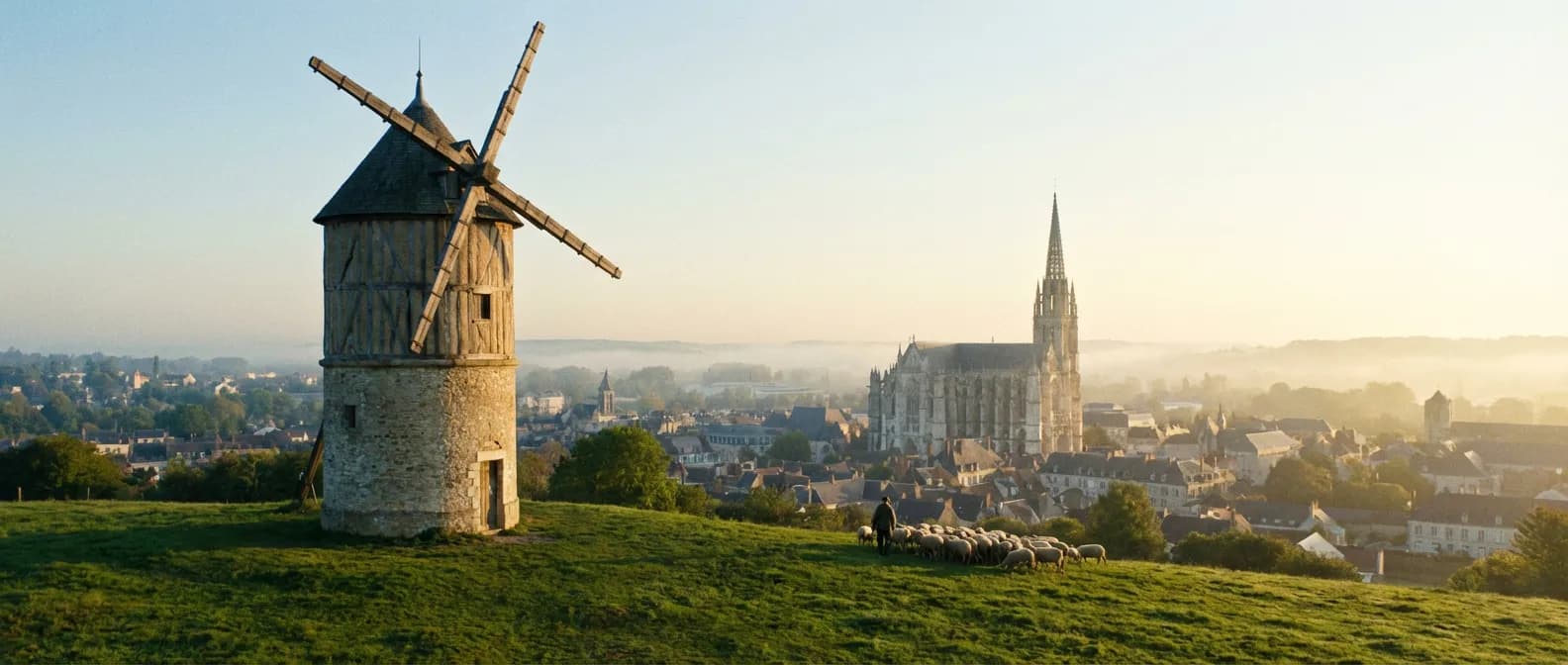 Le télégraphe de Chappe surplombant la ville de Beauvais à l'aube avec la cathédrale en arrière-plan