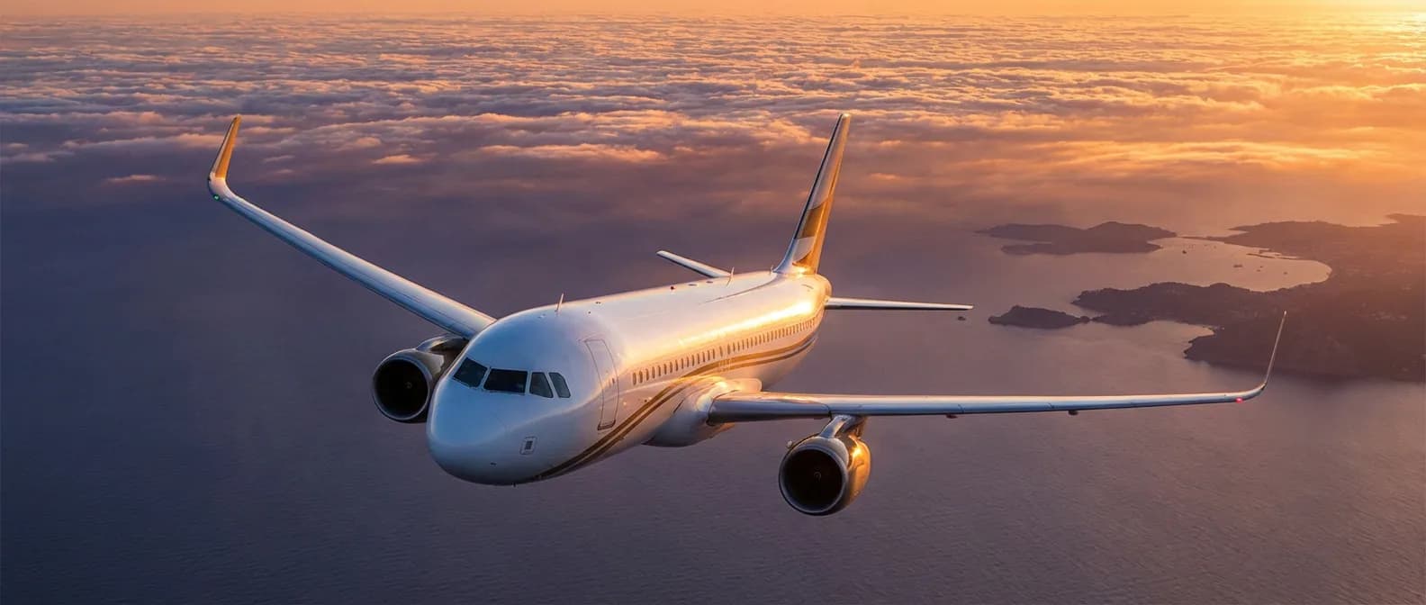Un avion de ligne luxueux survolant les nuages au coucher du soleil, illustrant la présence de Gulf Air dans le ciel européen.