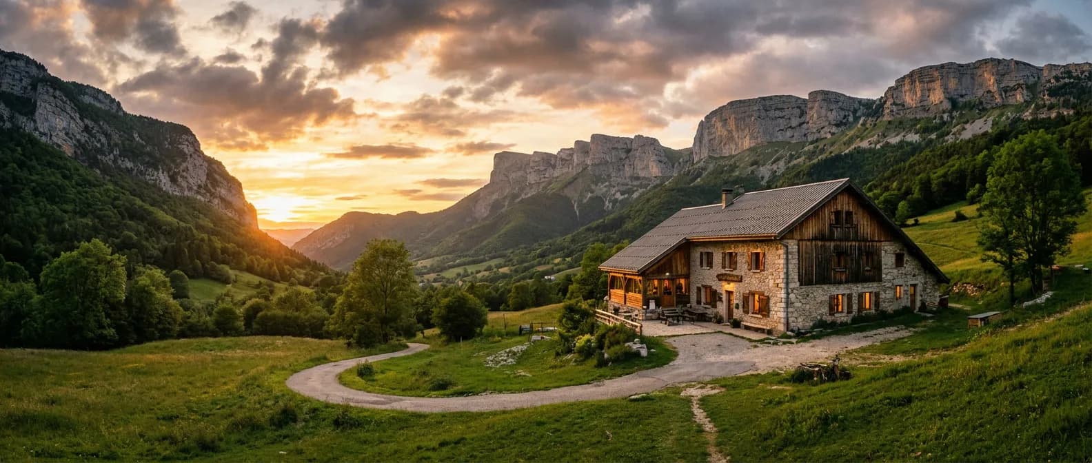 Vue panoramique de l'Auberge Le Charrail nichée dans les montagnes du Vercors au soleil couchant