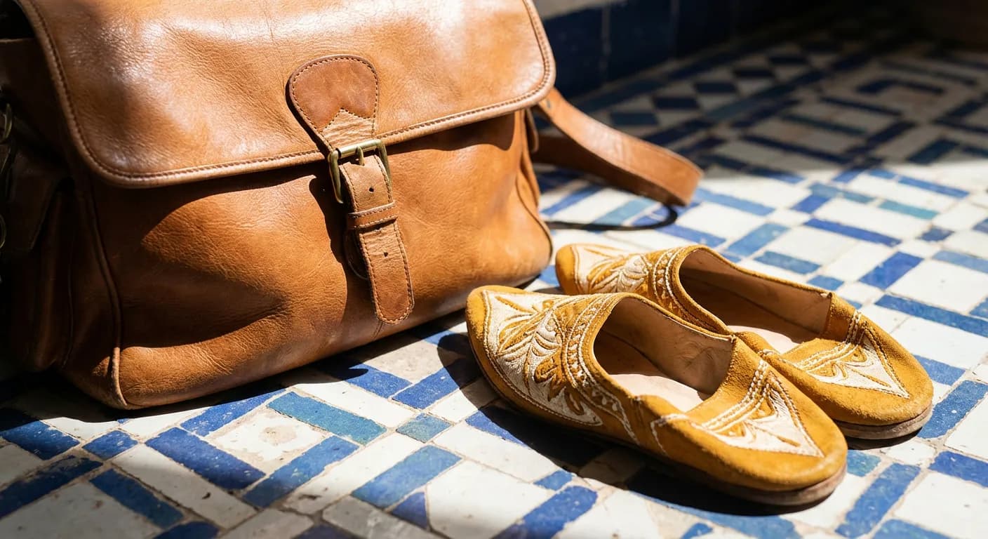 Détail de chaussures et sac de voyage sur carrelage traditionnel marocain