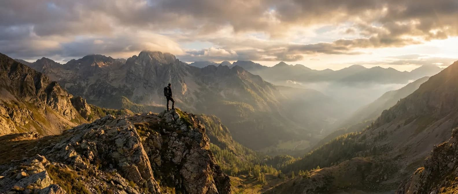 Vue panoramique épique du Col du Loup dans le Mercantour au coucher du soleil avec un randonneur