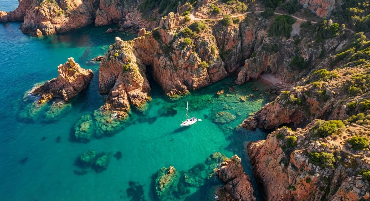 Vue aérienne d'une crique secrète aux eaux turquoise dans les Calanques de Piana