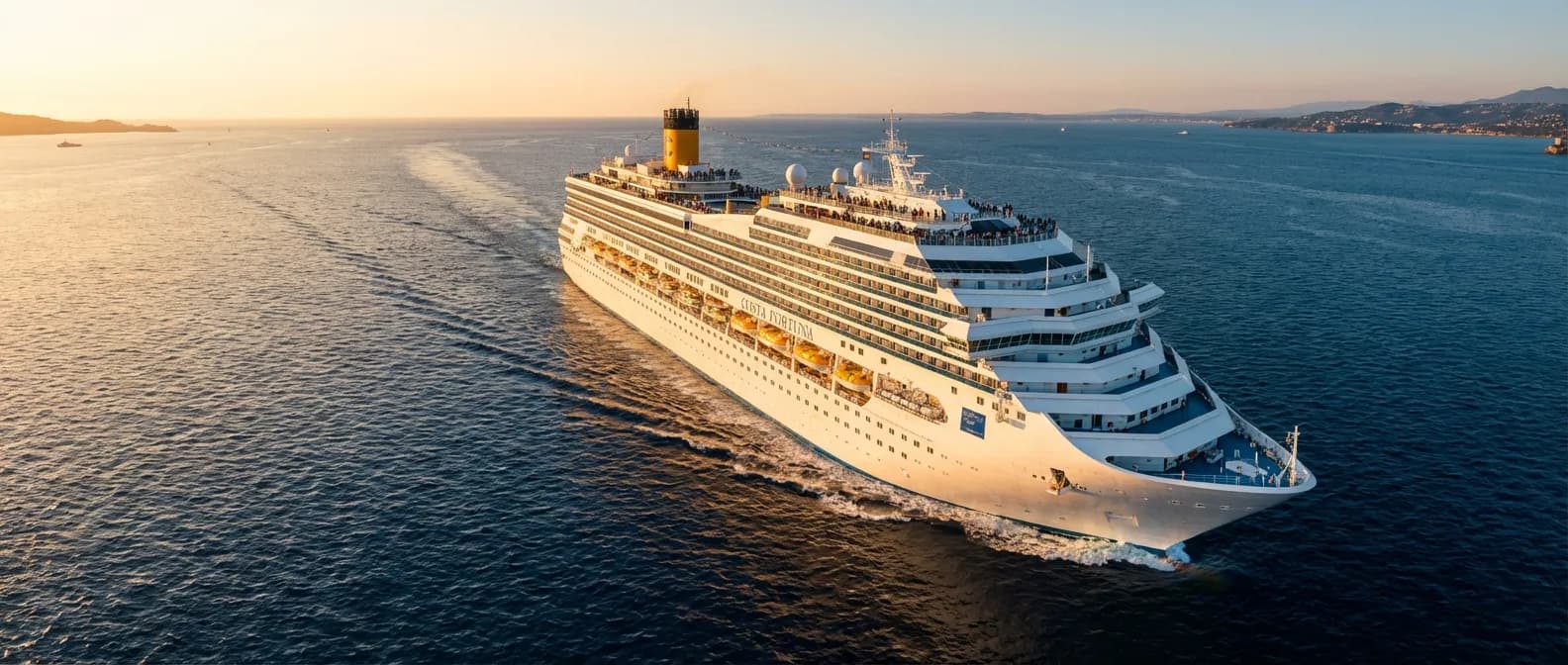 Le Costa Fortuna en navigation Vue panoramique épique du navire Costa Fortuna naviguant en pleine mer au coucher du soleil