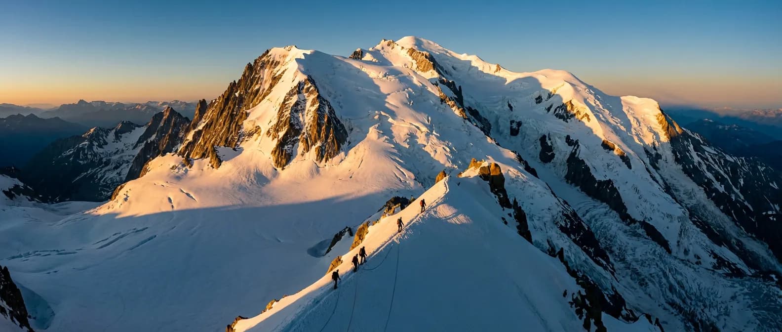 L'Aiguille de la Bérangère dans la lumière dorée du matin Ascension de l'Aiguille de la Bérangère au lever du soleil avec des alpinistes sur la crête