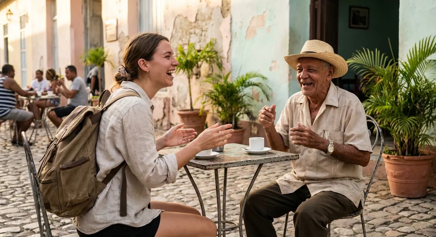 Échanges et hospitalité : la communication avec les Cubains Un voyageur et un habitant cubain partageant un moment de communication chaleureux dans un café.