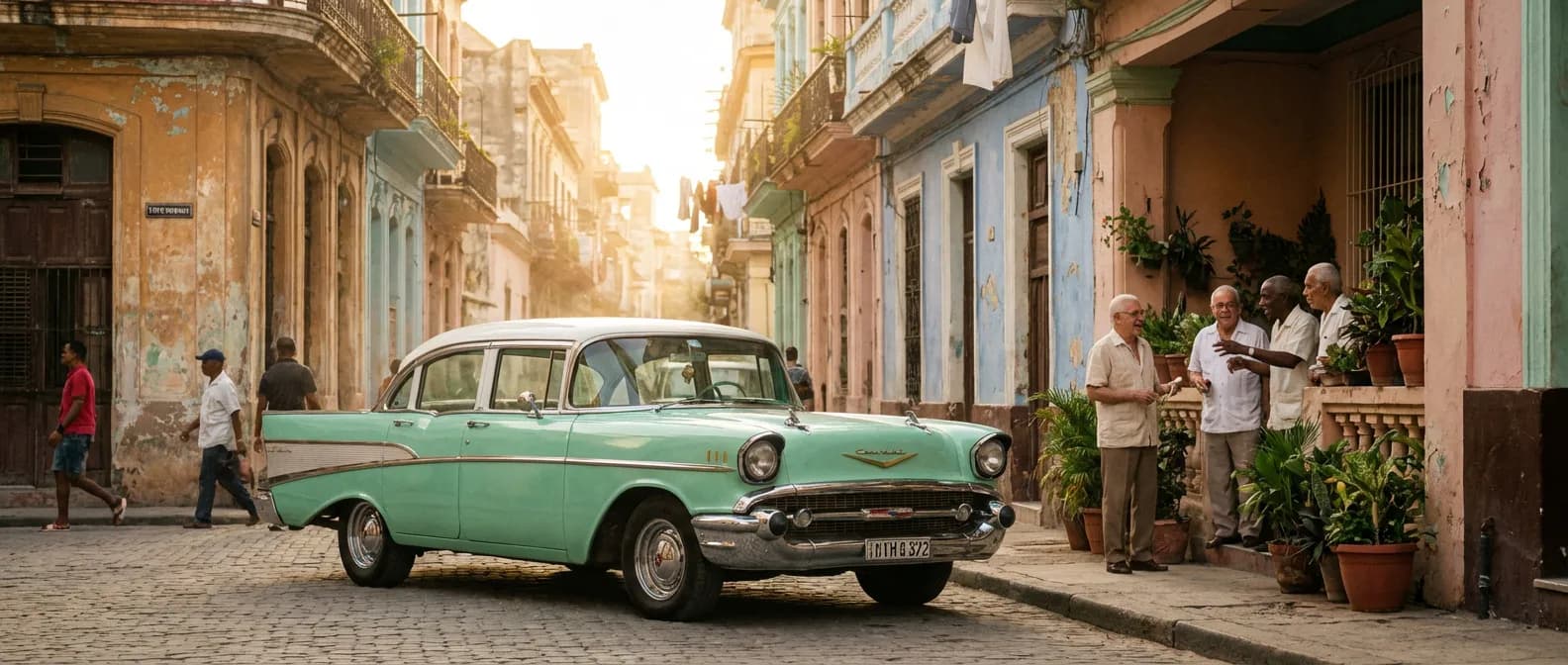 L'atmosphère vibrante et authentique des rues de Cuba Rue ensoleillée de la Vieille Havane avec une voiture classique et des habitants discutant au coucher du soleil, illustrant la culture cubaine.