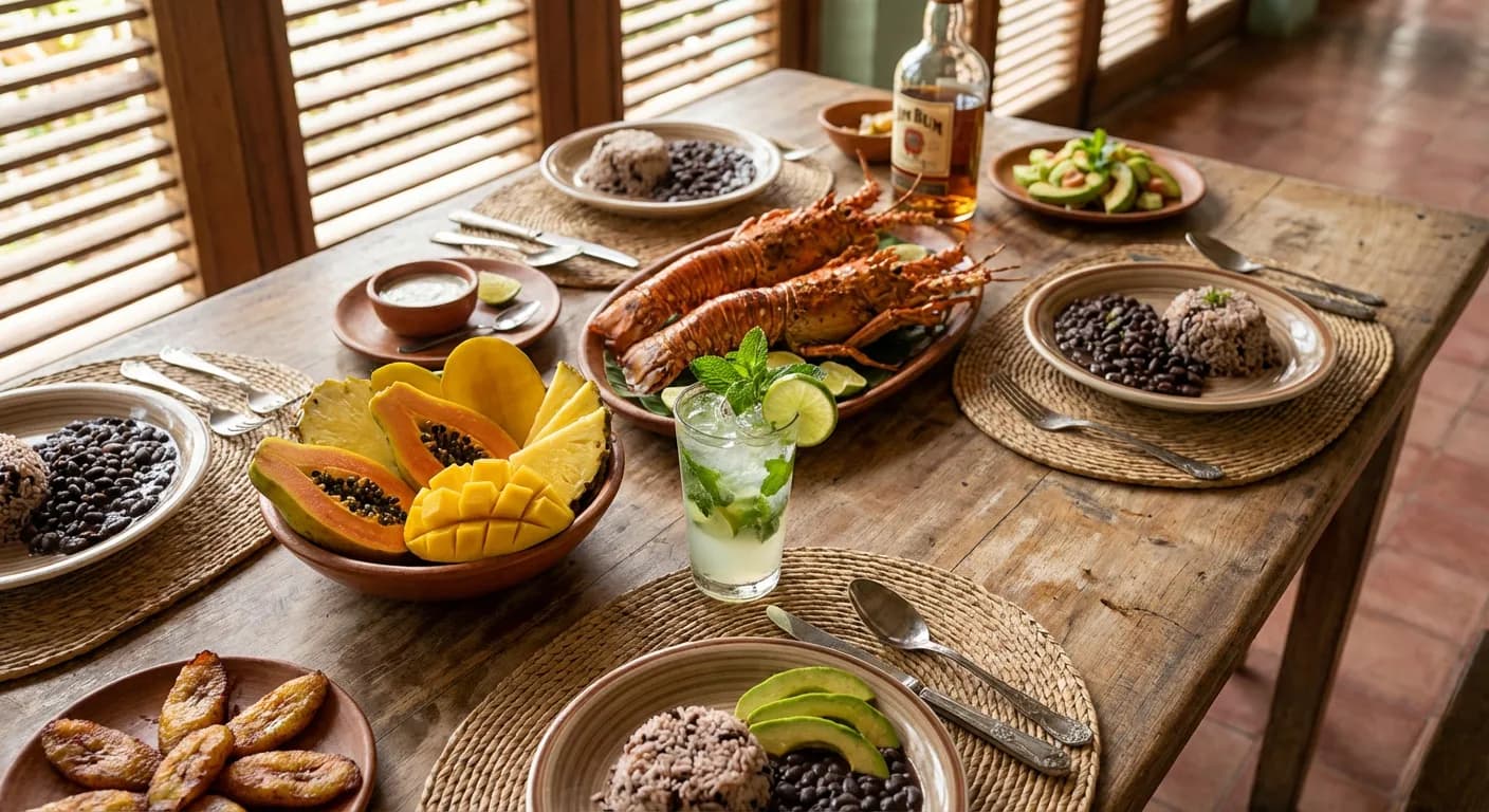 Gastronomie et art de vivre à Cuba Table de restaurant typique à Cuba avec homard et cocktails