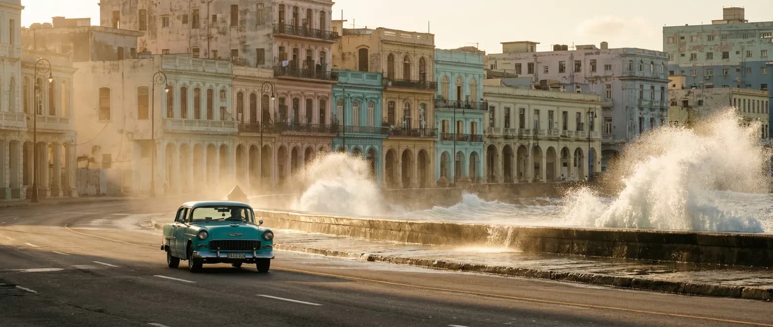 Ambiance cinématographique à Cuba au soleil couchant Une voiture de collection circulant sur le Malecón à La Havane au coucher du soleil