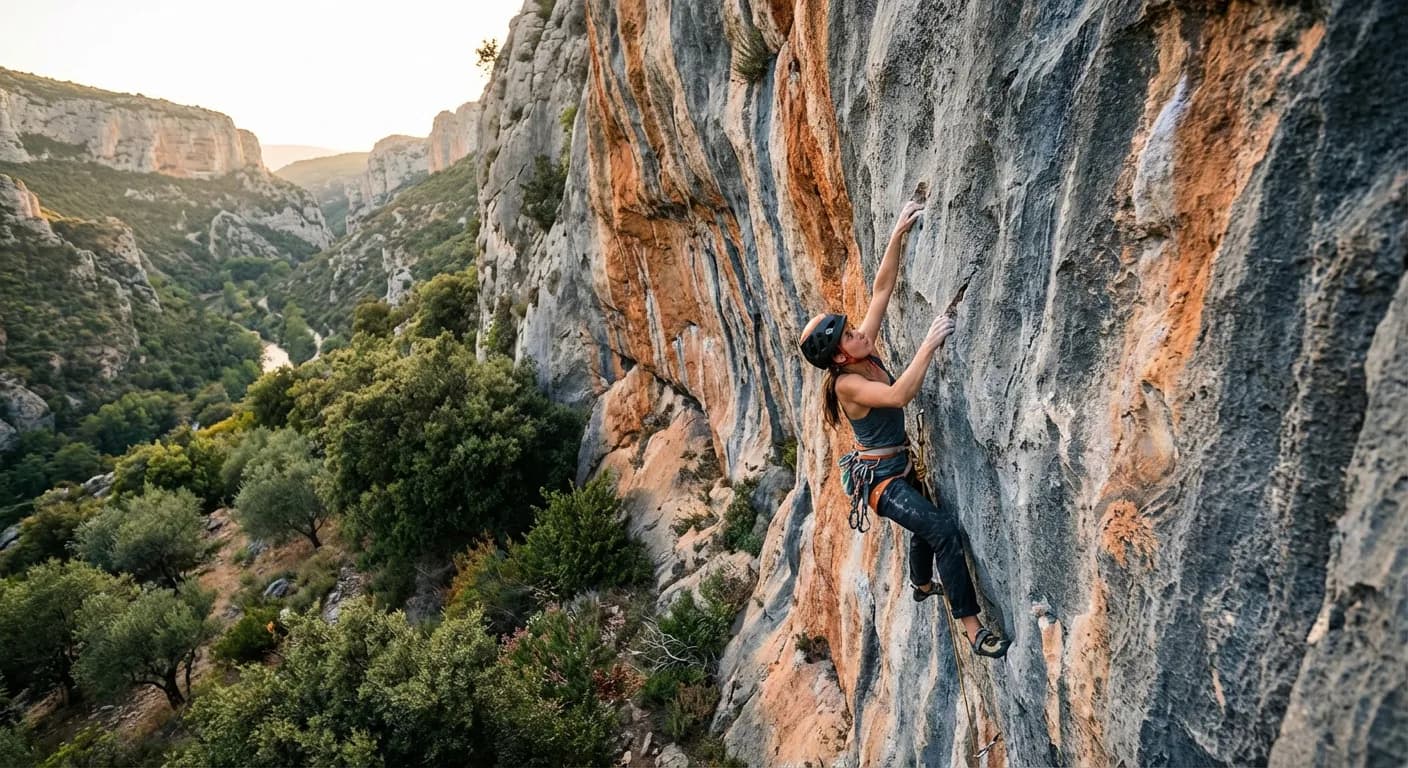Action intense dans les secteurs d'escalade de Tautavel Grimpeur technique sur les parois calcaires du secteur du Gouleyrou à Tautavel.