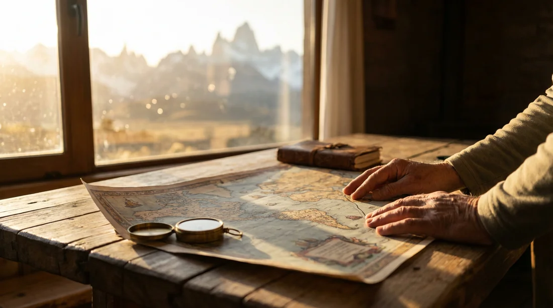 Une personne planifie son prochain voyage sur une grande carte du monde vintage, avec une boussole et un carnet, un paysage de montagnes majestueuses visible en arrière-plan.