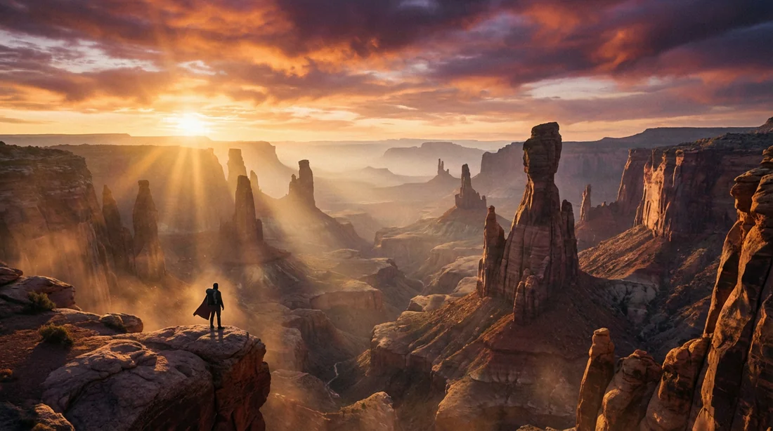 Un voyageur solitaire contemple un immense canyon baigné par la lumière épique du lever du soleil, symbolisant l'exploration du monde et la réinvention de soi.