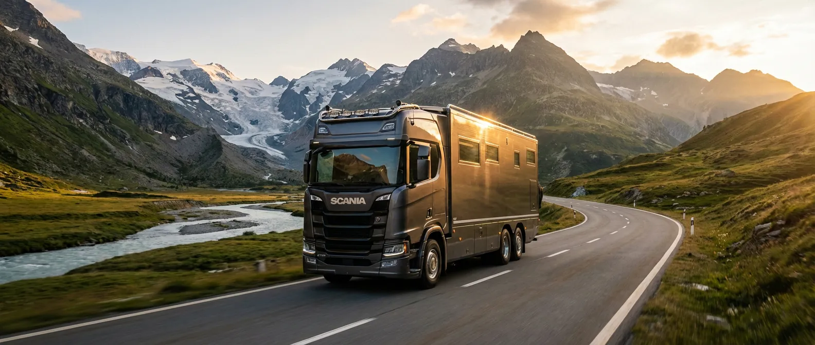 Camping-car Scania de luxe circulant sur une route de montagne épique au coucher du soleil