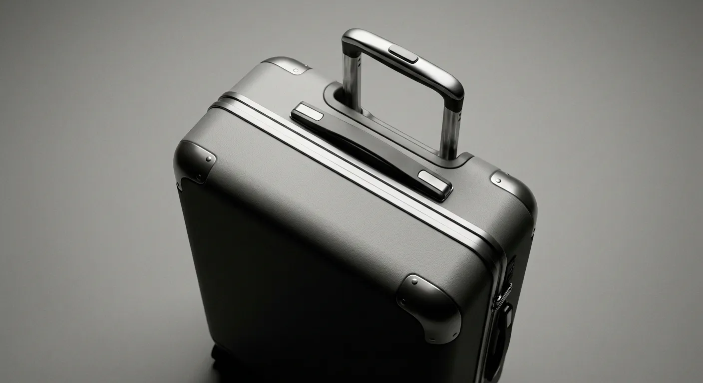 Détail élégant d'une poignée de valise haut de gamme sur fond sobre.