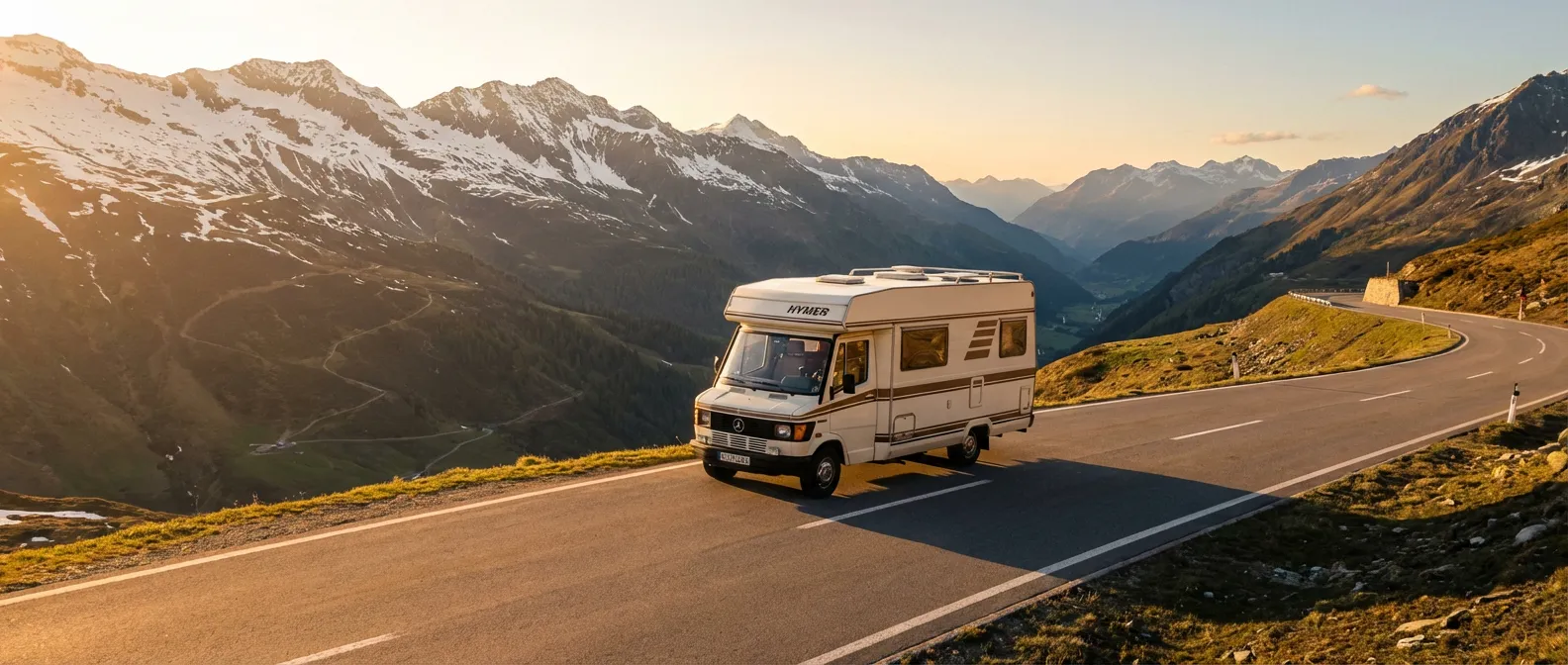 Camping-car intégral Hymer B564 roulant dans un col de montagne au coucher du soleil