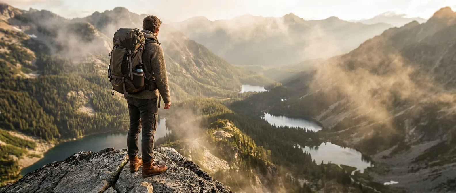 Randonneur en montagne portant des chaussures Merrell au lever du soleil, vue panoramique épique