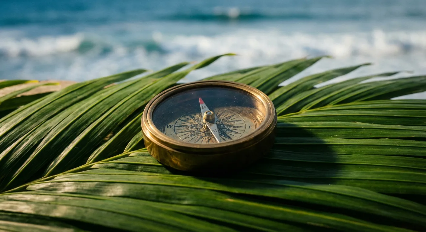 Boussole sur une feuille de palmier symbolisant le choix de destination