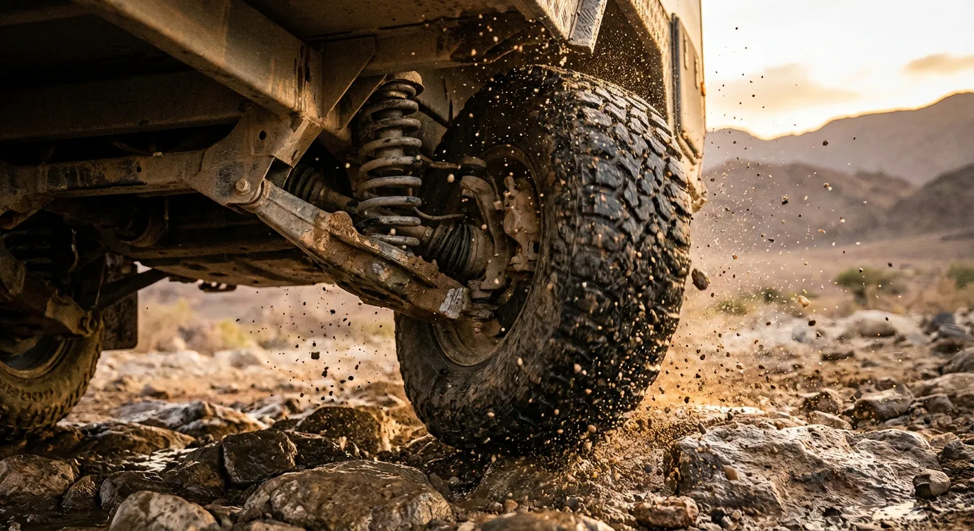 Gros plan sur la suspension technique et les pneus tout-terrain d'une caravane Xtura