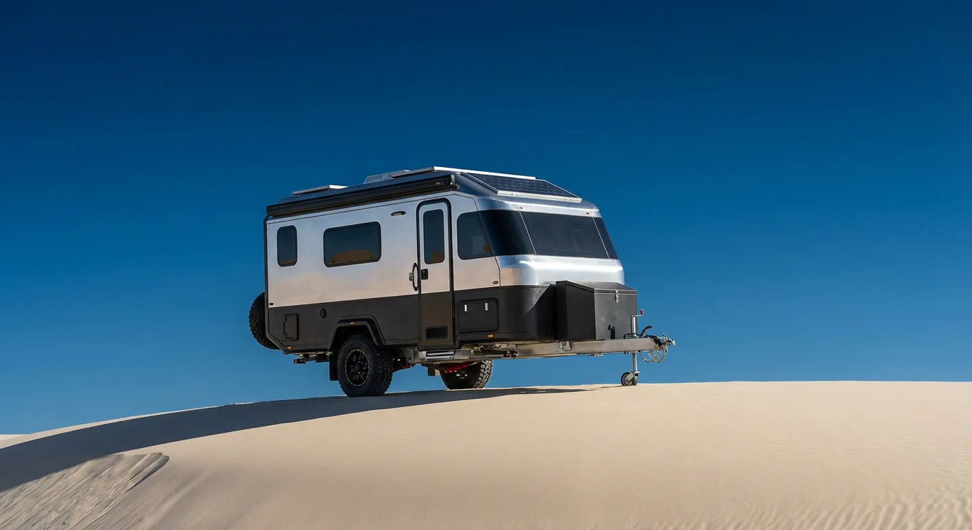 Vue minimaliste d'une caravane Xtura sur une dune de sable fin